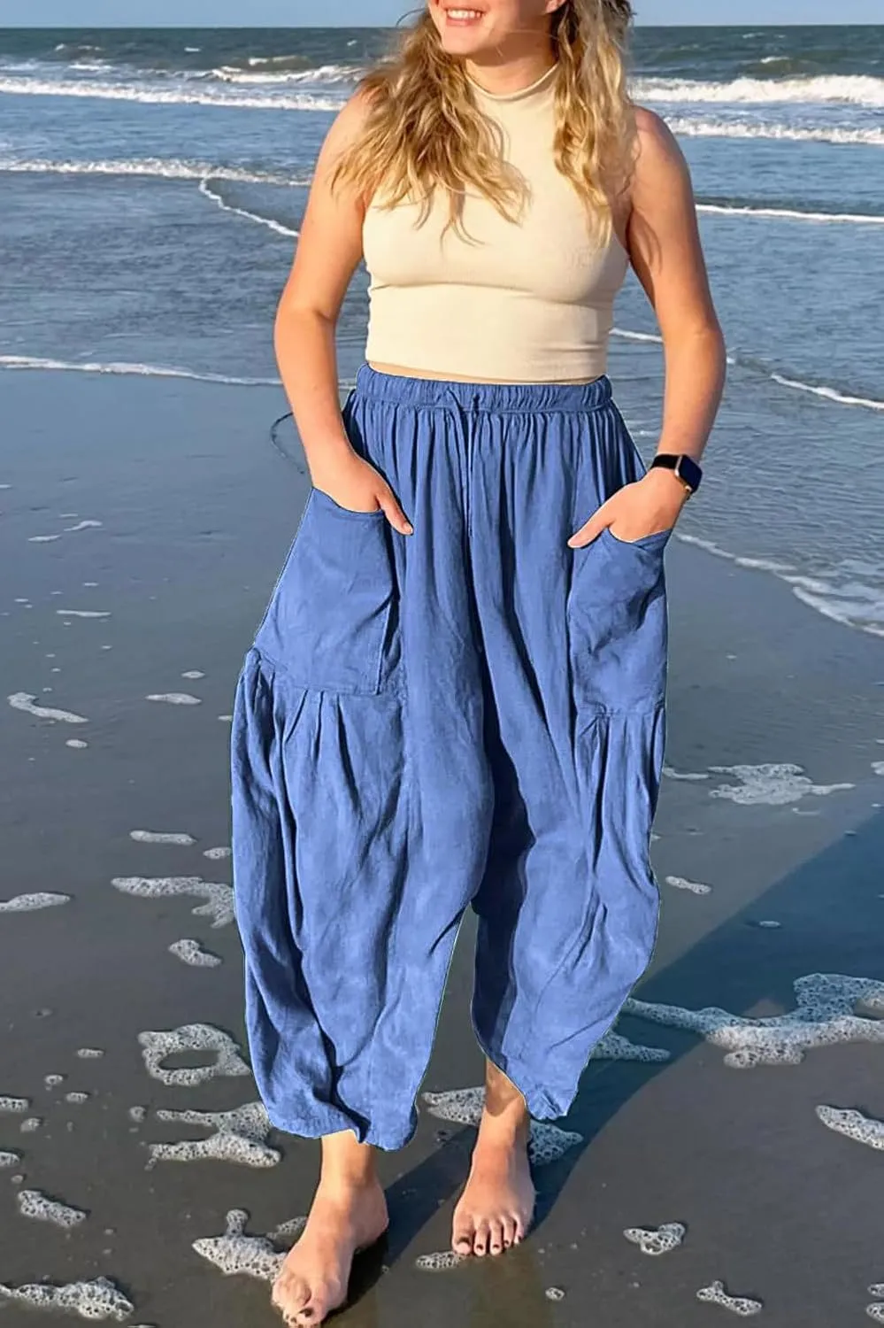 YOCUR Women Summer Beach Vacation Pants High Waisted Wide Leg Pants Printed Loose Flowy Casual Palazzo Lounge Trousers