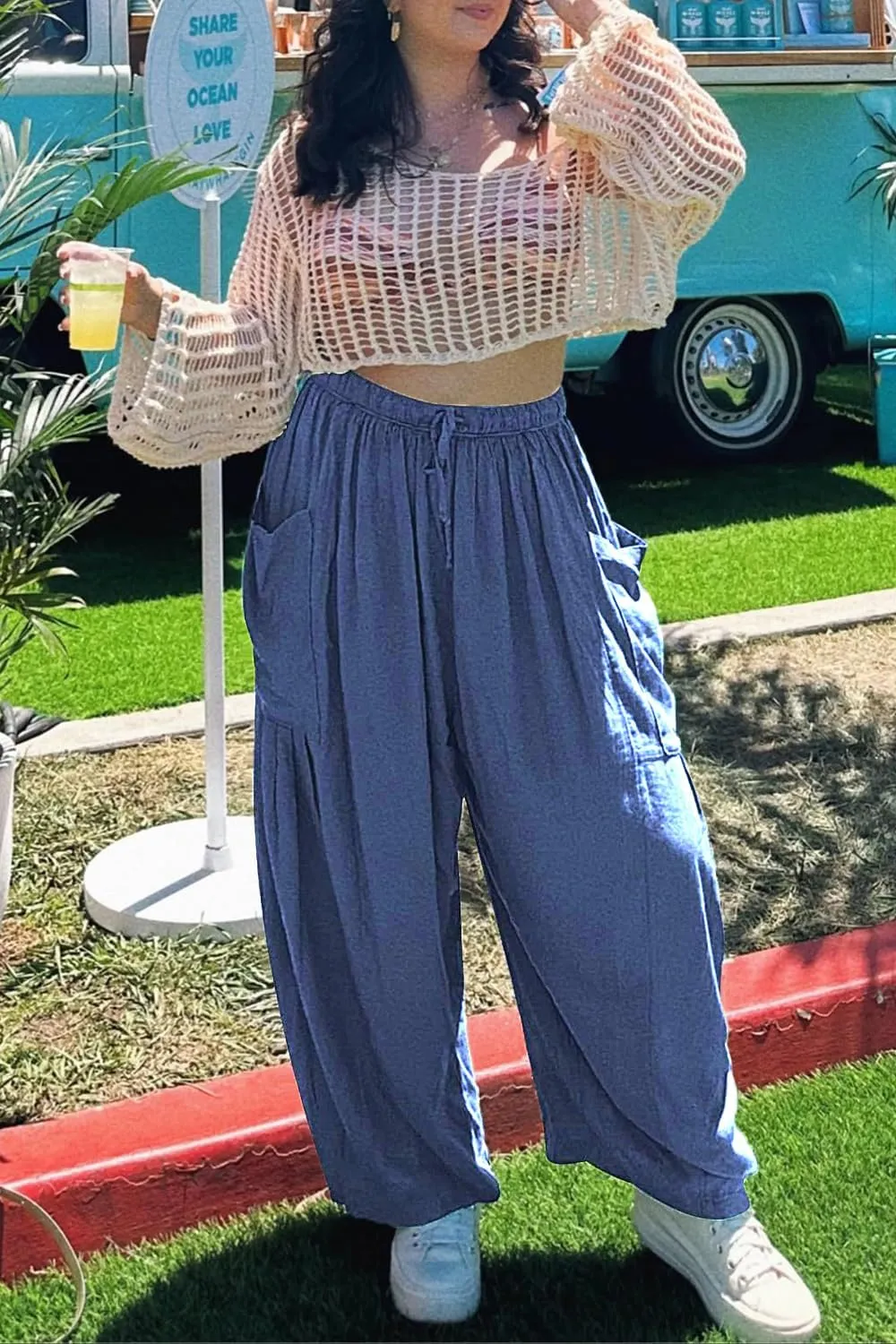 YOCUR Women Summer Beach Vacation Pants High Waisted Wide Leg Pants Printed Loose Flowy Casual Palazzo Lounge Trousers