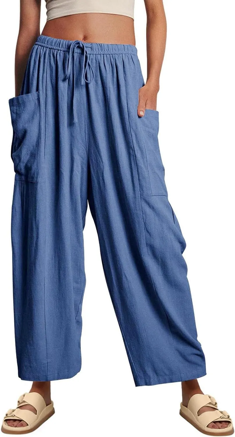 YOCUR Women Summer Beach Vacation Pants High Waisted Wide Leg Pants Printed Loose Flowy Casual Palazzo Lounge Trousers