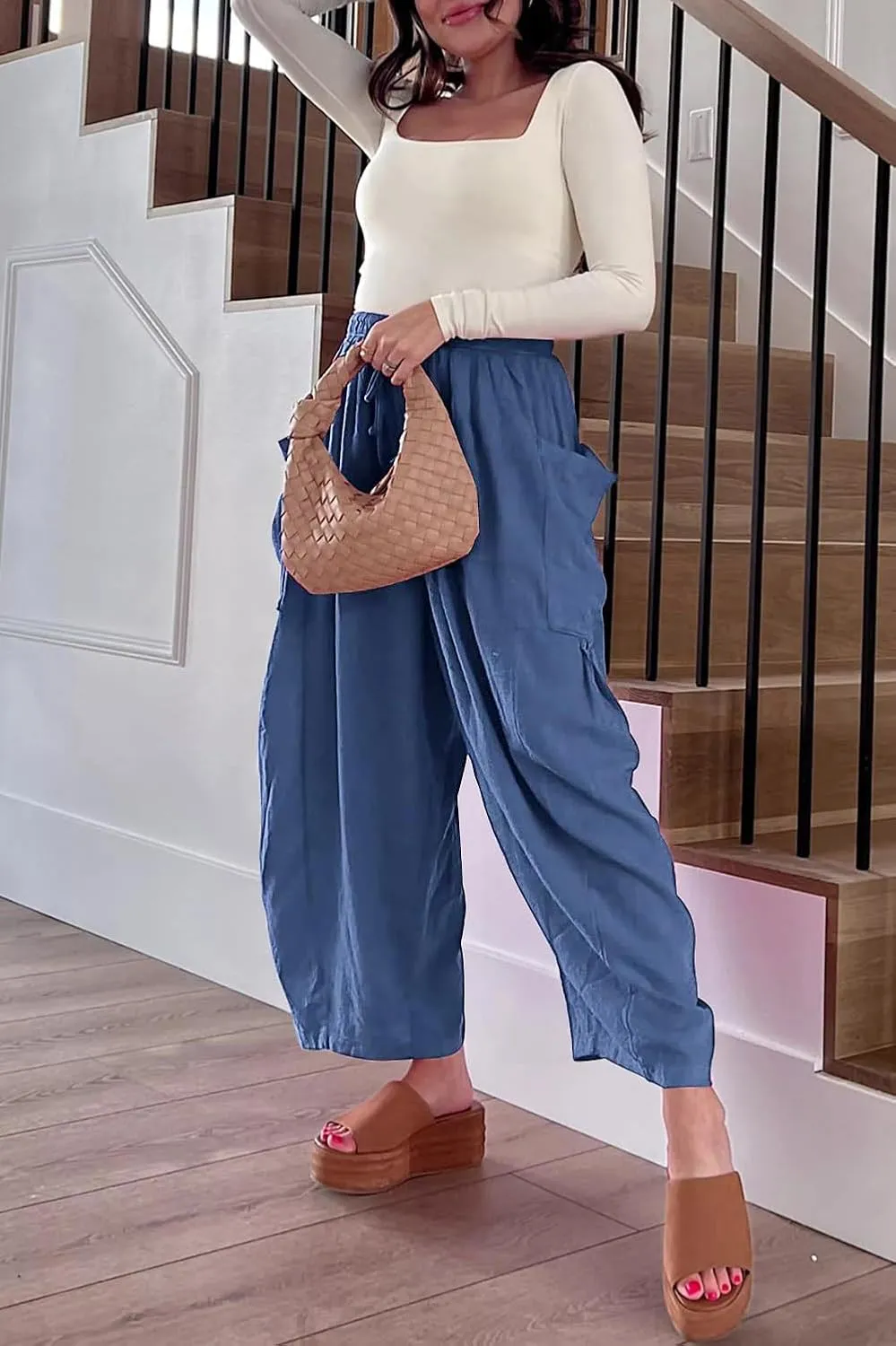 YOCUR Women Summer Beach Vacation Pants High Waisted Wide Leg Pants Printed Loose Flowy Casual Palazzo Lounge Trousers