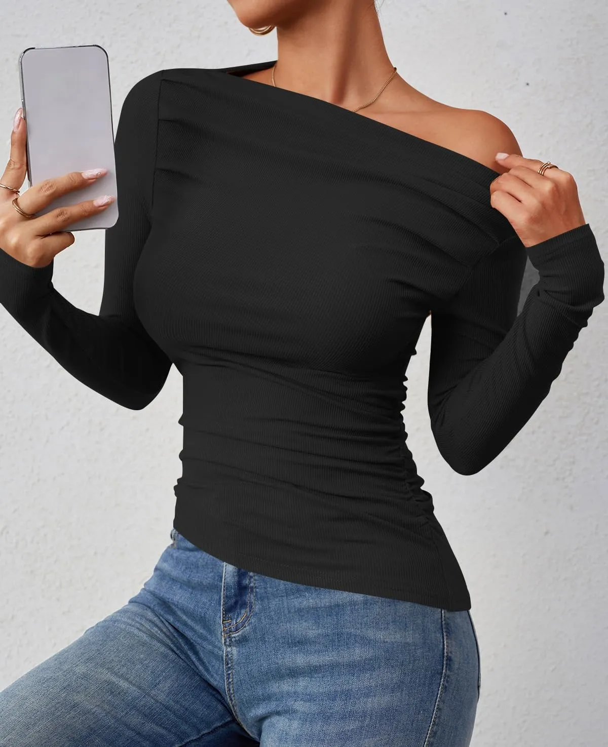 ZESICA Womens Off Shoulder Long Sleeve Tops Spring Casual Boat Neck Ruched Slim Fit Going Out Y2k Shirts Blouses