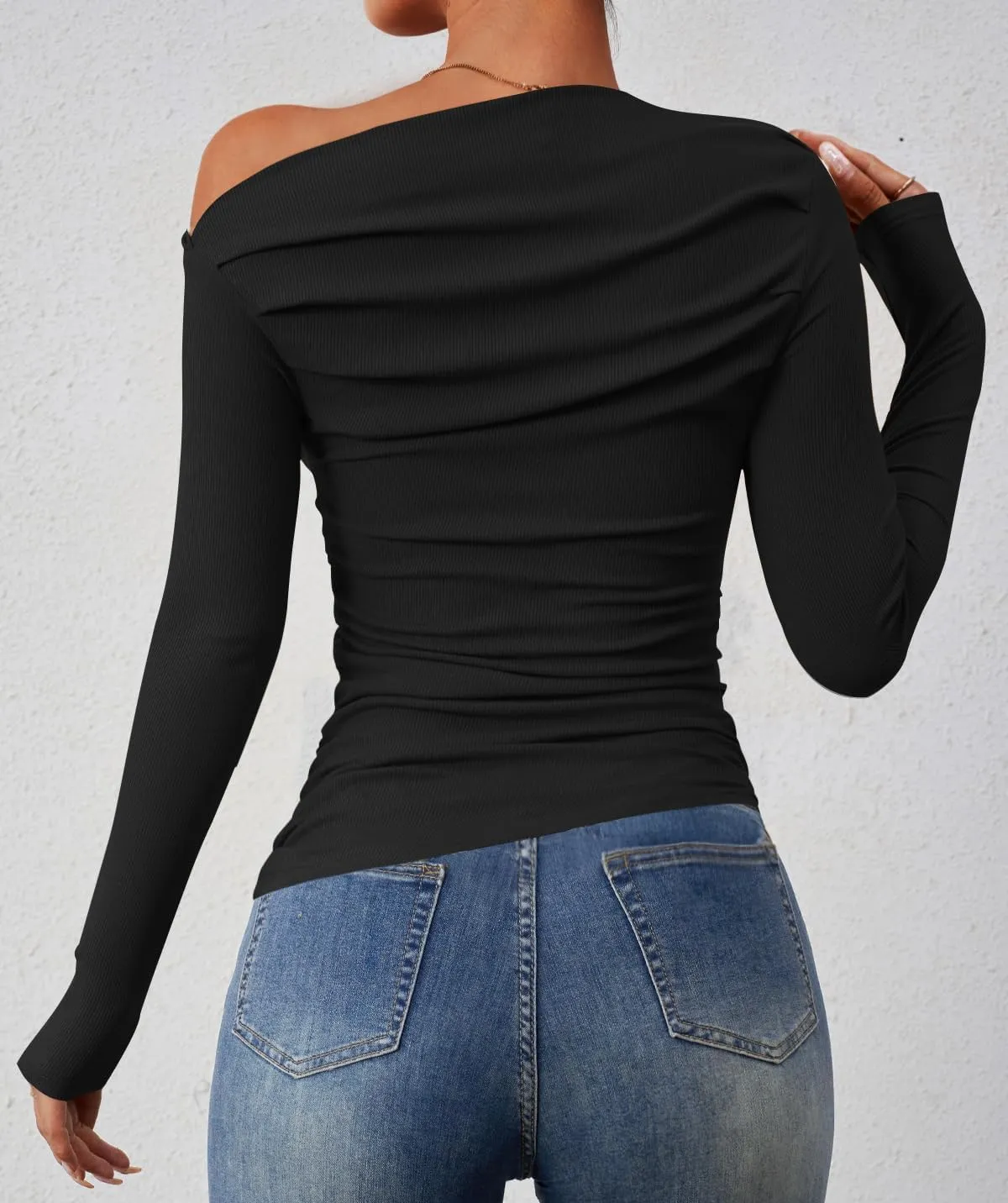ZESICA Womens Off Shoulder Long Sleeve Tops Spring Casual Boat Neck Ruched Slim Fit Going Out Y2k Shirts Blouses