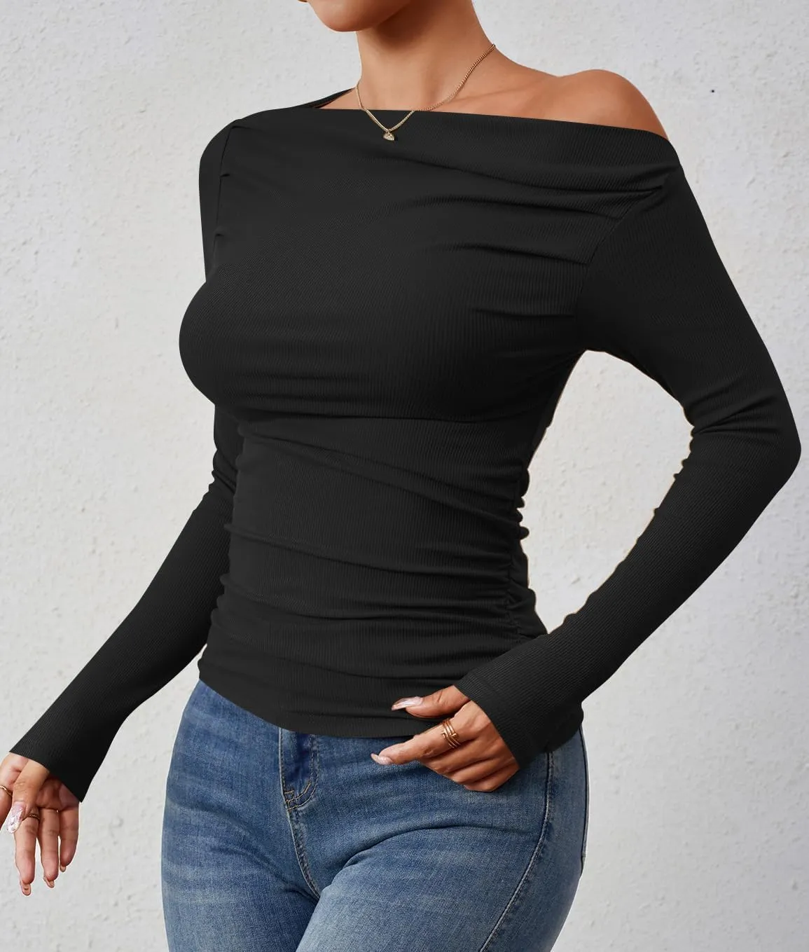 ZESICA Womens Off Shoulder Long Sleeve Tops Spring Casual Boat Neck Ruched Slim Fit Going Out Y2k Shirts Blouses