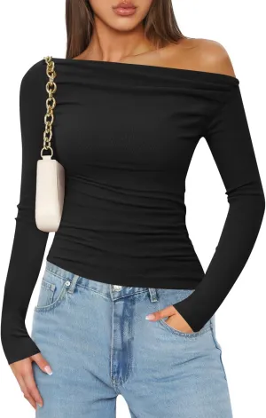 ZESICA Womens Off Shoulder Long Sleeve Tops Spring Casual Boat Neck Ruched Slim Fit Going Out Y2k Shirts Blouses